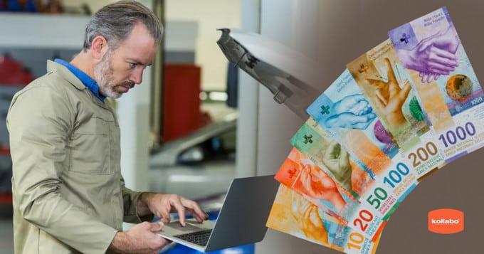 A man is working on a laptop in front of a pile of money.