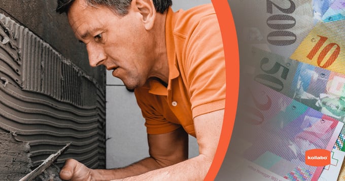 Ein Mann arbeitet mit viel Geld an einer Mauer.